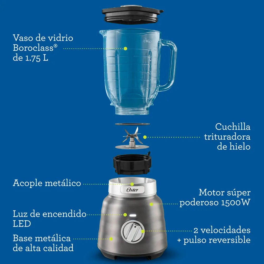 Licuadora Reversible BLSTPBRGR-013 Oster | 1,75 Lt. vaso de vidrio, 1500 W. modelo BLSTPBRGR-013 cómpralo en Mi Bodega Ec