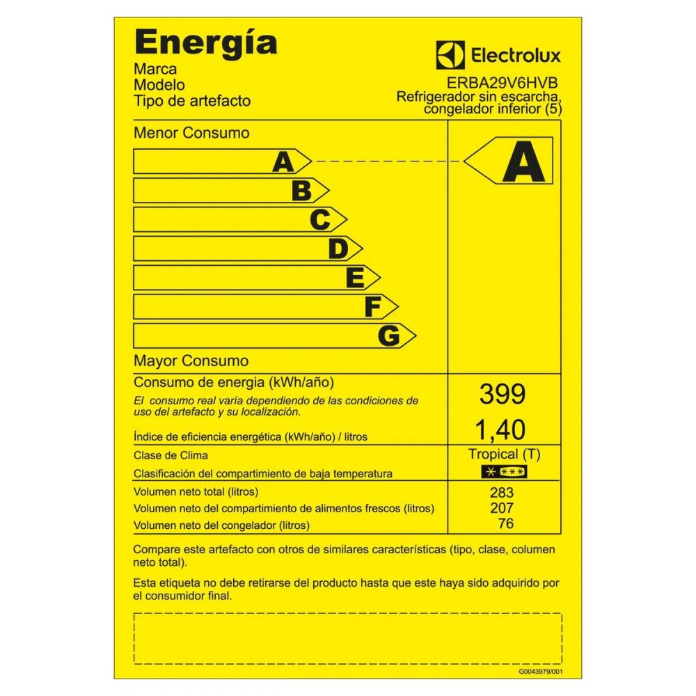 Refrigeradora Electrolux ERBA29V6HVB| 285 Lt. | Bottom Freezer
