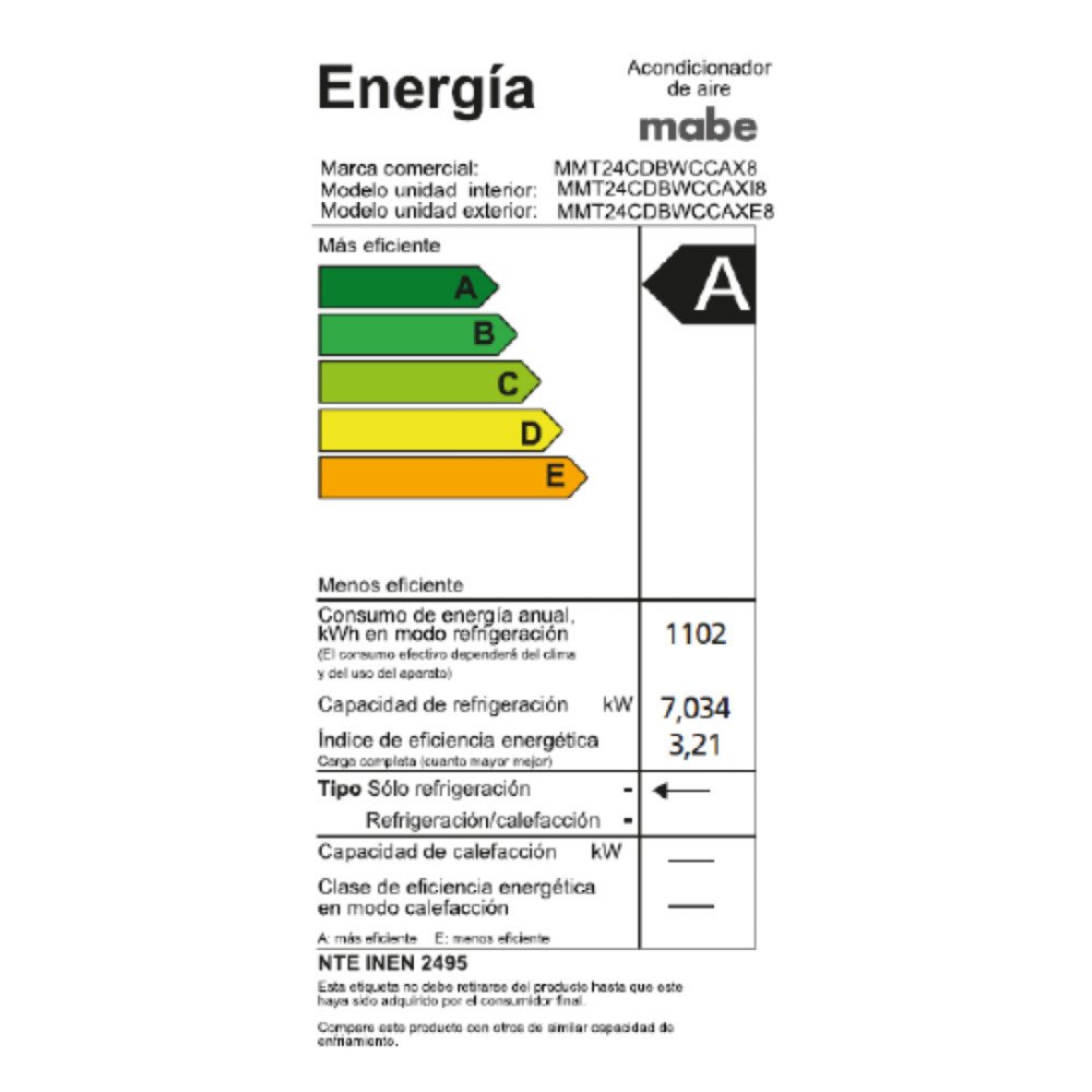 Aire Acondicionado Mabe|18000 BTU Alta Eficiencia | Split