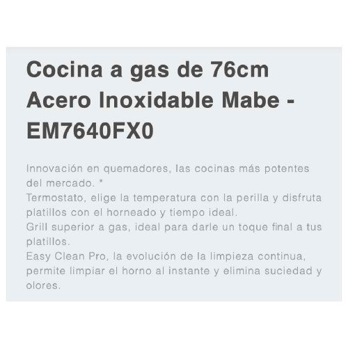 Cocina a Gas Mabe EM7640FX0 | 5 Hornillas | Grill Luz en Horno | Parrilla de Hierro 76 cm modelo EM7640FX0 cómpralo en Mi Bodega Ec