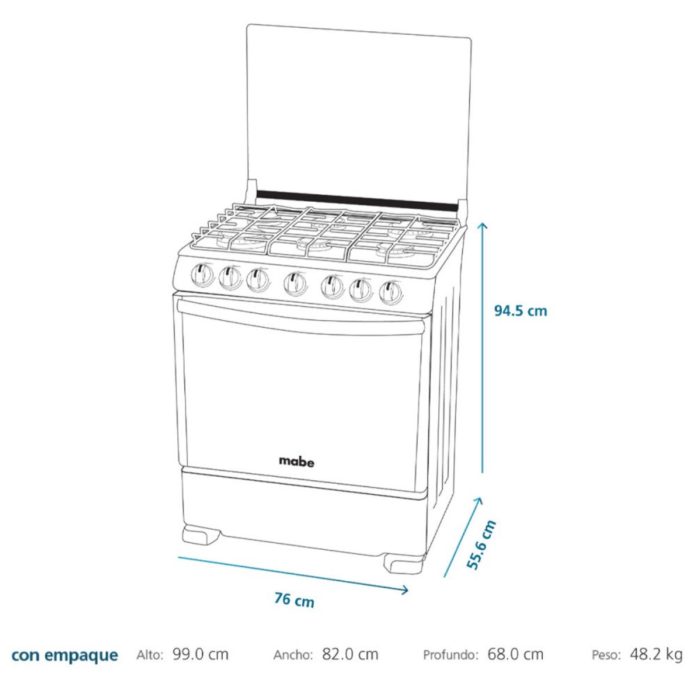 Cocina a Gas Mabe EM7630FX0 | 6 Hornillas |76 cm modelo EM7630FX0 cómpralo en Mi Bodega Ec