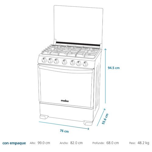 Cocina a Gas Mabe EM7630FX0 | 6 Hornillas | Grill Parrilla de Hierro 76 cm modelo EM7630FX0 cómpralo en Mi Bodega Ec