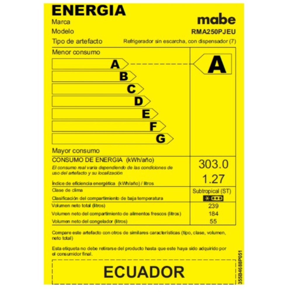 Refrigeradora Mabe Top Mount RMA250PJEU | 250 Lt. | Inoxidable, Con Dispensador modelo RMA250PJEU cómpralo en Mi Bodega Ec