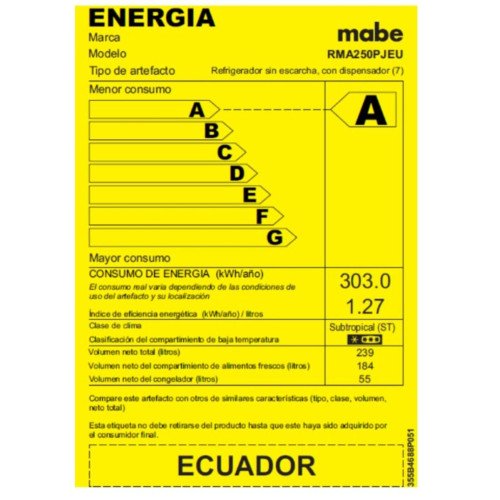 Refrigeradora Mabe Top Mount RMA250PJEU | 250 Lt. | Inoxidable, Con Dispensador modelo RMA250PJEU cómpralo en Mi Bodega Ec