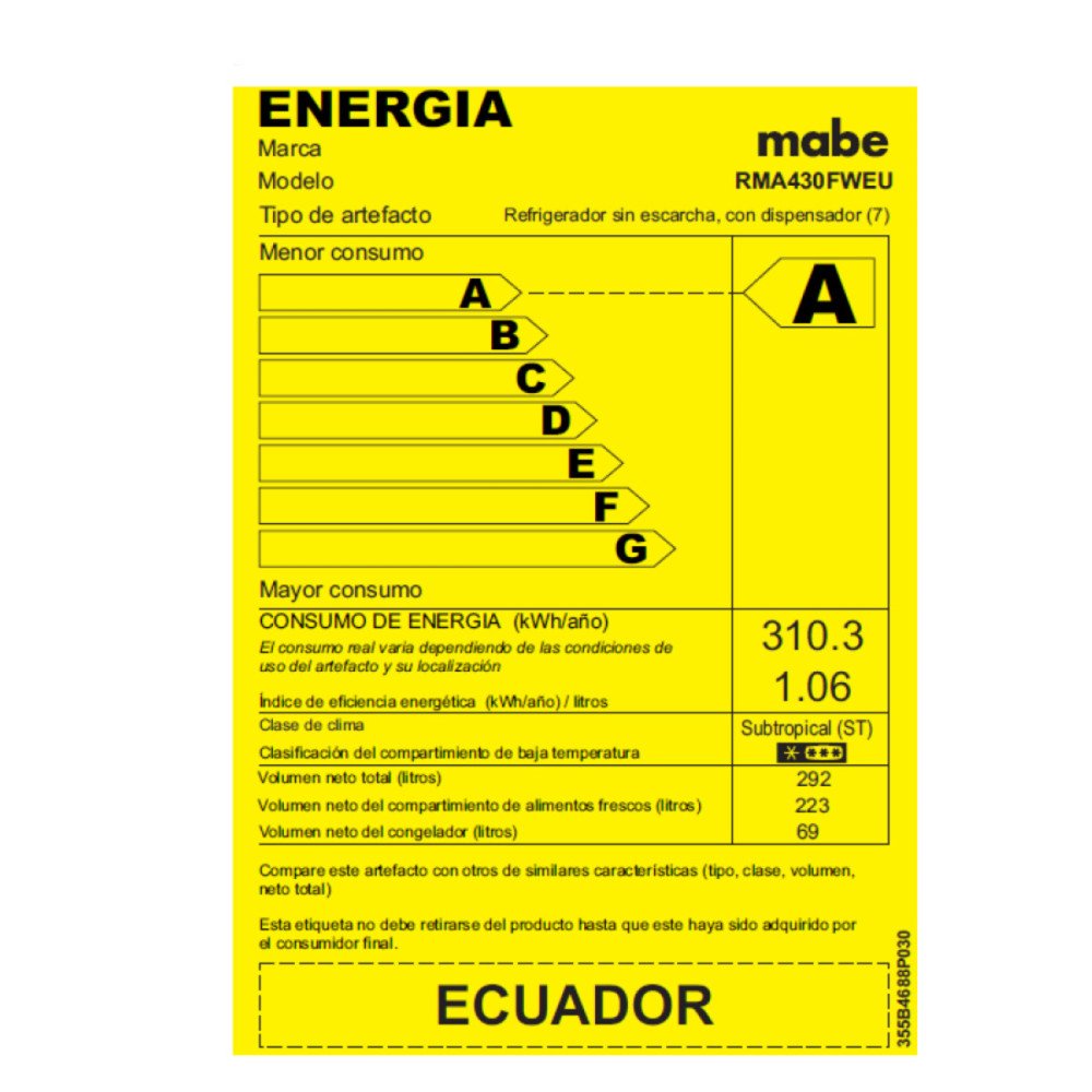 Refrigeradora Mabe Top Mount RMA430FWEU | 300 Lt. | Dispensador modelo RMA430FWEU cómpralo en Mi Bodega Ec