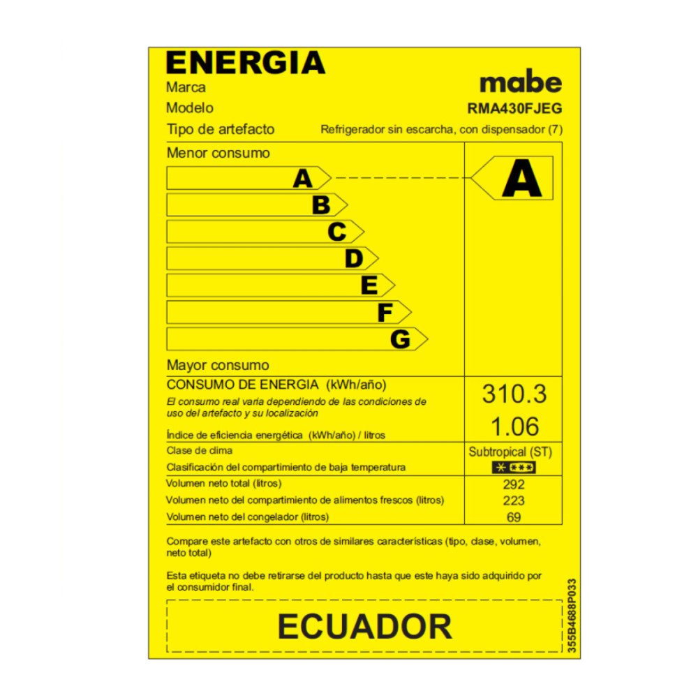 Refrigeradora Mabe Top Mount RMA430FJEG | 300 Lt. | Dispensador, Negro