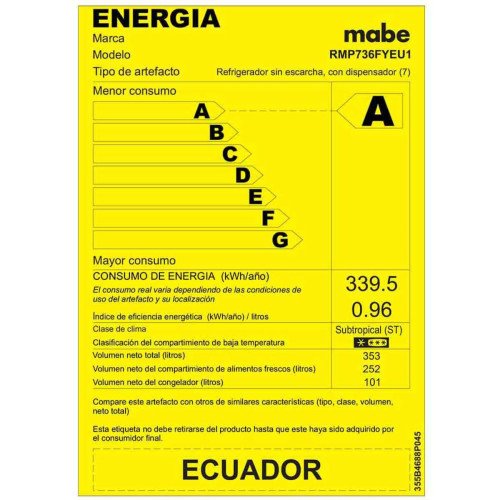 Refrigeradora Mabe Top Mount RMP736FYEU1 | 360 Lt. | Dispensador, Inoxidable modelo RMP736FYEU1 cómpralo en Mi Bodega Ec