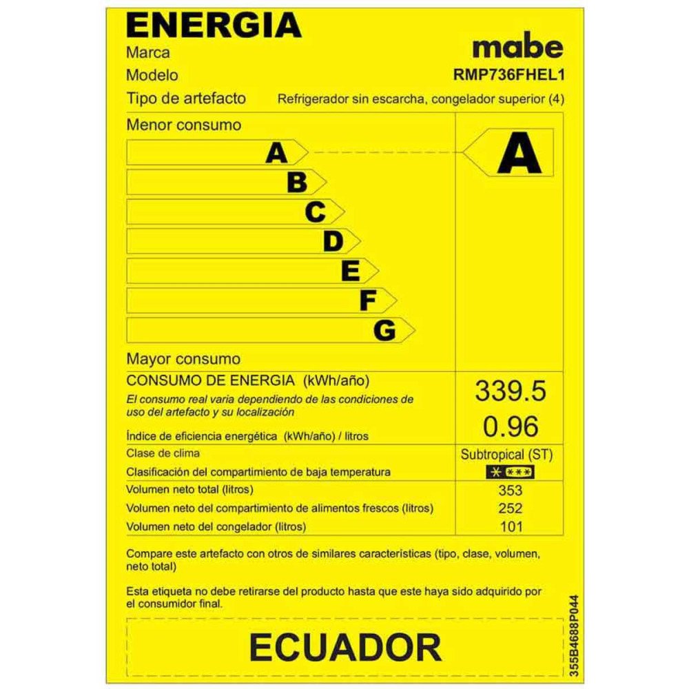 Refrigeradora Mabe Top Mount RMP736FHEL1 | 360 Lt. | Sin Dispensador, Platino