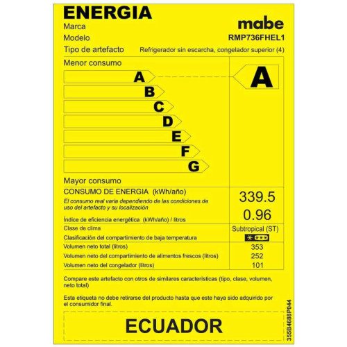 Refrigeradora Mabe Top Mount RMP736FHEL1 | 360 Lt. | Sin Dispensador, Platino modelo RMP736FHEL1 cómpralo en Mi Bodega Ec